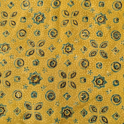 Pure Cotton Ajrak Sandy Yellow With Flower And Star Tile Motif Hand Block Print Fabric