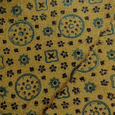 Pure Cotton Ajrak Sandy Yellow With Persian Star Circle Tiles Hand Block Print Fabric