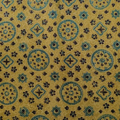 Pure Cotton Ajrak Sandy Yellow With Persian Star Circle Tiles Hand Block Print Fabric