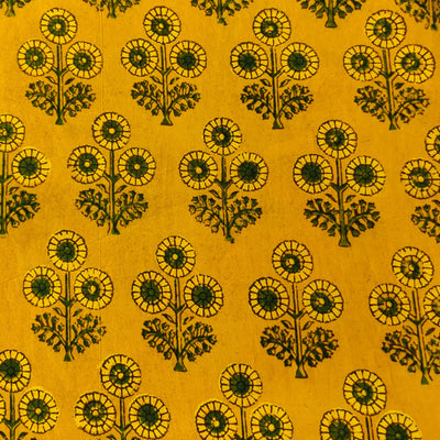 Pure Cotton Ajrak Turmeric Dyed Ajrak With Tiny Dahlia Plant Motif Hand Block Print Blouse Piece Fabric (1 Meter)