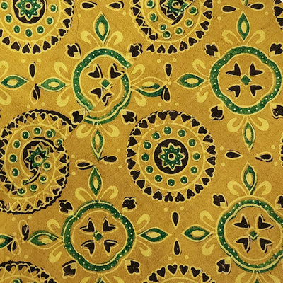 Pure Cotton Ajrak Turmeric Dyed With Chakra And Flower Star Mehendi Design Hand Block Print Fabric