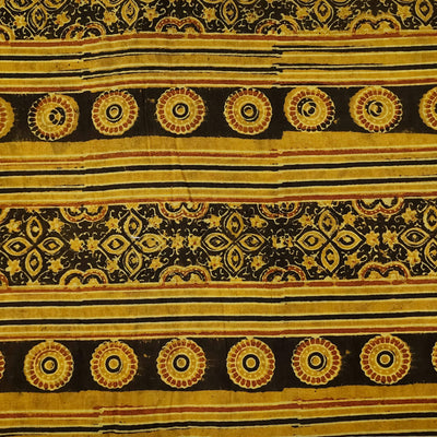 Pure Cotton Ajrak Turmeric Dyed With Chakra Tile Stripes Border Hand Block Print Fabric