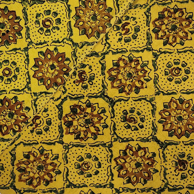 Pure Cotton Ajrak Turmeric Dyed With Diagonal Mesh Flowers Motifs Hand Block Print Fabric