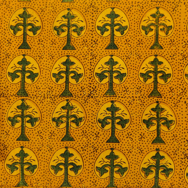 Pure Cotton Ajrak Turmeric Dyed With Green Intricate Tree Motif Hand Block Print Fabric