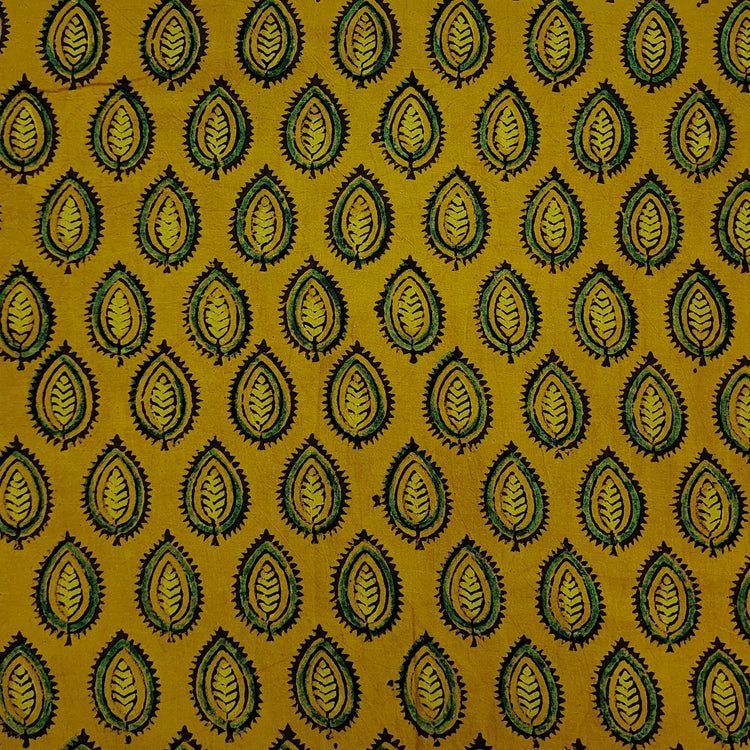 Pure Cotton Ajrak Turmeric Dyed With Leaves Motifs Hand Block Print Fa ...