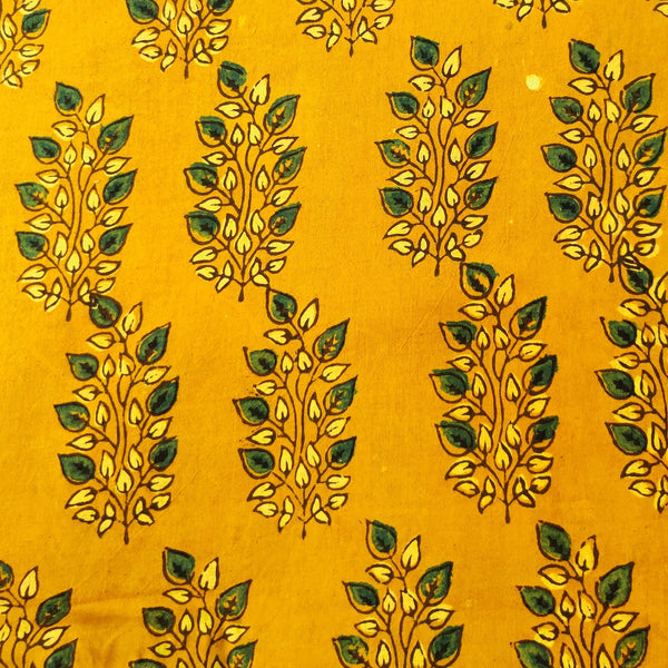 Pre-cut Pure Cotton Ajrak Turmeric Dyed With Green Leafy Plant Hand Block Print(1.5 meter)