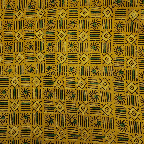 Pure Cotton Ajrak Turmeric Dyed With SLines Surya Diamond Motifs Hand Block Print Fabric