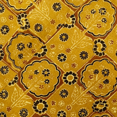 Pure Cotton Ajrak Turmeric Dyed With Squares And Floral Plants Motifs Hand Block Print Fabric