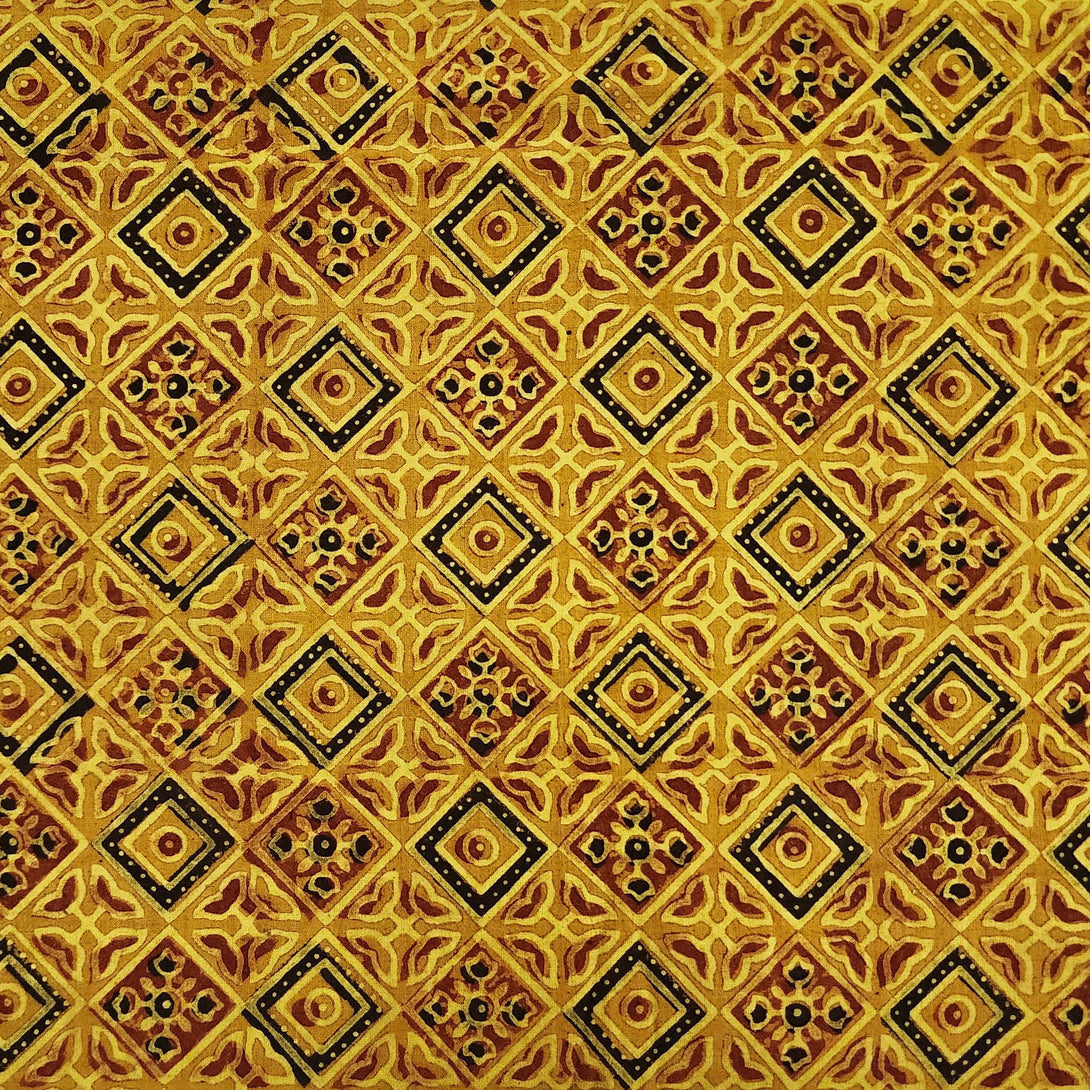 Pure Cotton Ajrak Turmeric Dyed With Squares And Flowers Checks Motifs ...