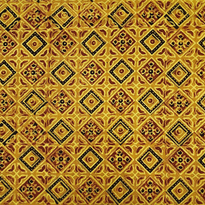 Pure Cotton Ajrak Turmeric Dyed With Squares And Flowers Checks Motifs Hand Block Print Fabric