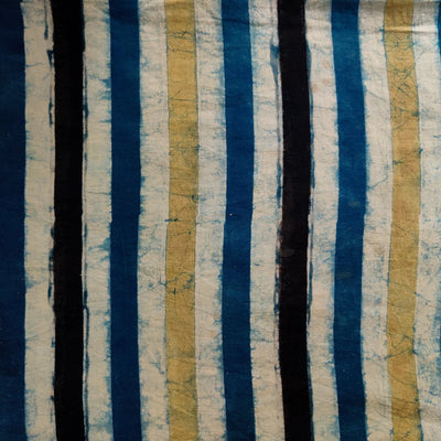 Pre-cut 1.5 meter Pure Cotton Ajrak With Black Green Blue Stripes Hand Block Print Fabric