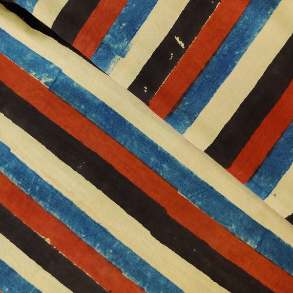 Pre-cut 1.60 meter Pure Cotton Ajrak With Cream Blue Red Black Stripes Hand Block Print Fabric