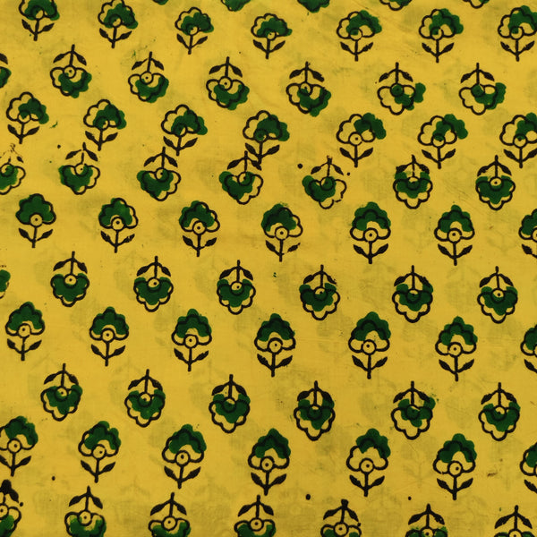 Pure Cotton Ajrak Yellow With Green Motifs Hand Block Print Fabric