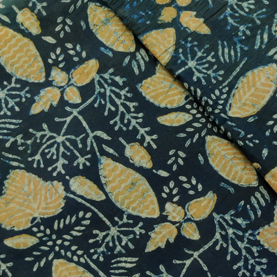 Pure Cotton Ankola Dark Blue With Light Beige Mustard Wild Flower Jaal Hand Block Print Blouse Piece Fabric ( 1.18 meter )