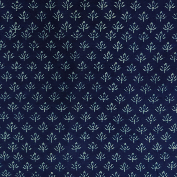 Pure Cotton Akola Indigo With Tiny Plants Hand Block Print Fabric