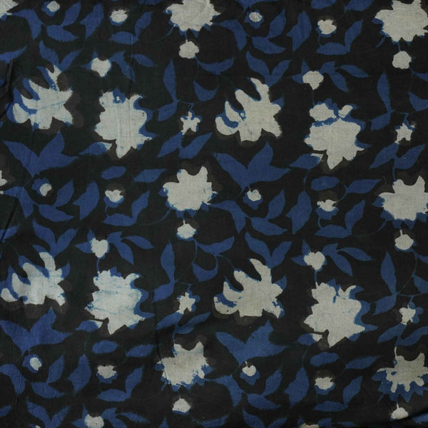 Pure Cotton Bagru Black With Cream And Blue Floral Jaal Hand Block Print Fabric
