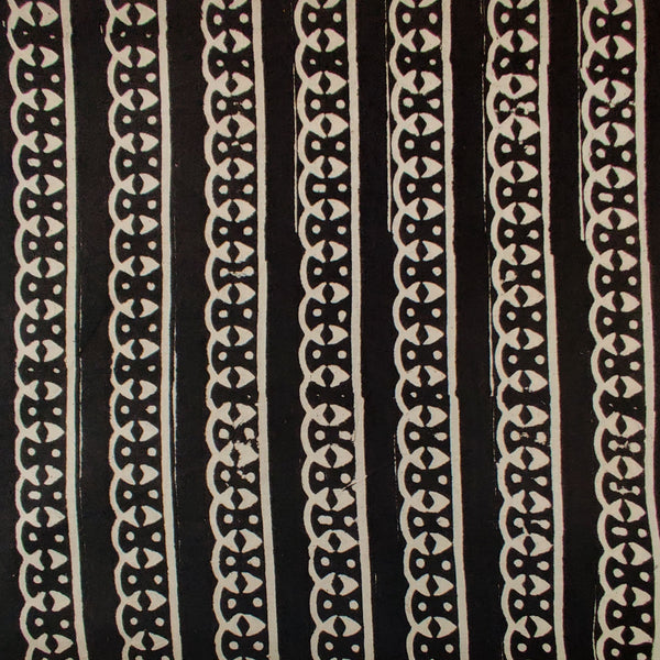Pure Cotton Bagru Black With Curly Intricate Stripes Hand Block Print Fabric (Blouse Piece 0.85 Meter )