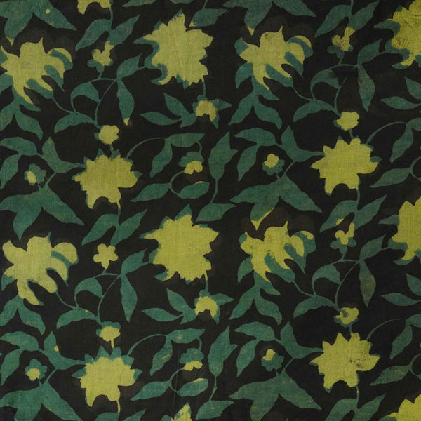 Pure Cotton Bagru Black With Green And Yellow Floral Jaal Hand Block Print Fabric