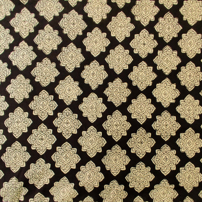Pre-cut 1.30 meter Pure Cotton Bagru Black With Vedic Flower Hand Block Print Fabric