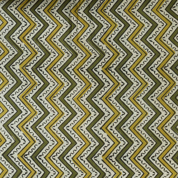 Pure Cotton Bagru Cream Green Mustard Zig Zag Hand Block Print Fabric
