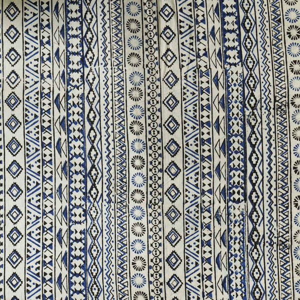 Pure Cotton Bagru Cream With Blue Grey Black Highly Intricate Stripes Hand Block Print Fabric