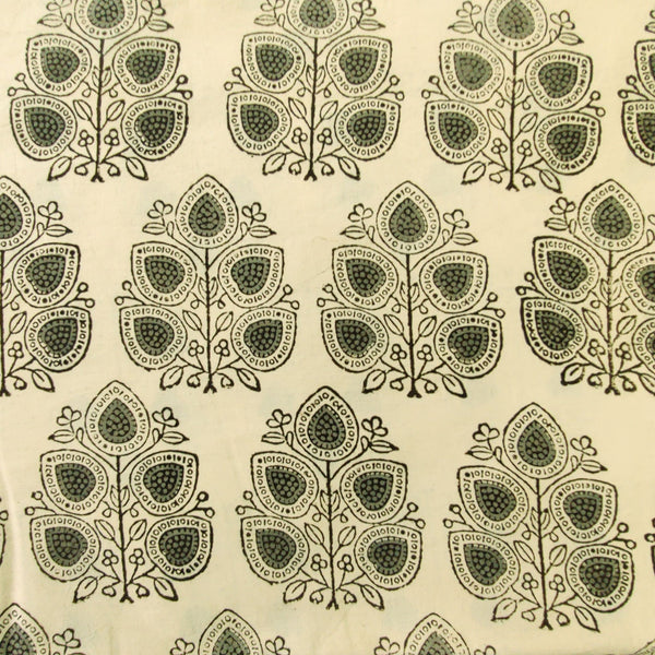 Pre-cut Pure Cotton Bagru Cream With Twig Of Leaves Hand Block Print Fabric( 2.45 meter)