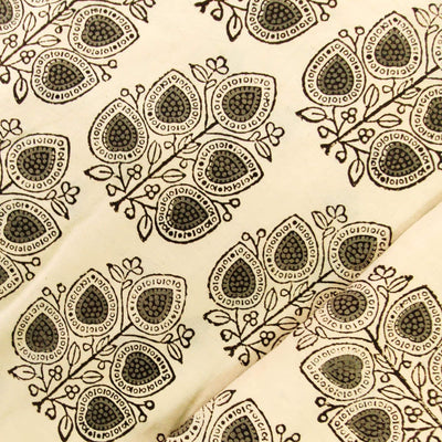 Pure Cotton Bagru Cream With Twig Of Leaves Hand Block Print Blouse Fabric ( 0.90 CM )
