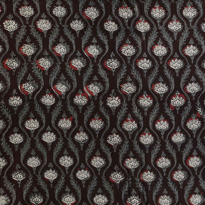 Pure Cotton Bagru Deep Brown With Grey All Over Pattern With Cream Flowers Hand Block Print Fabric