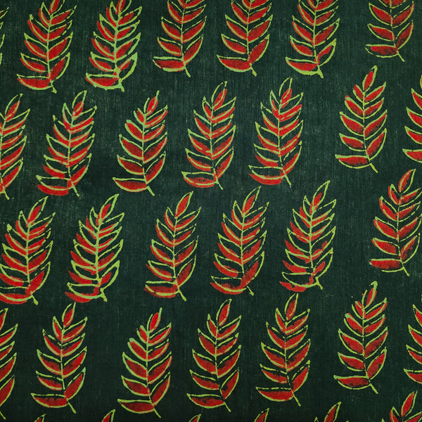 Pure Cotton Bagru Jahota Green With Orange Yellow Leafy Ferns Mtif Hand Block Print Fabric