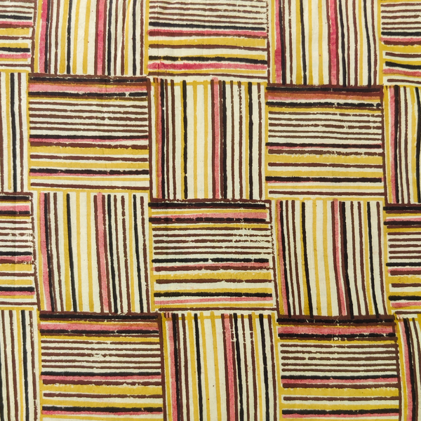 Pre-cut 2.40 meter Pure Cotton Bagru Mustard Interlocked Stripes Checks Hand Block Print Fabric