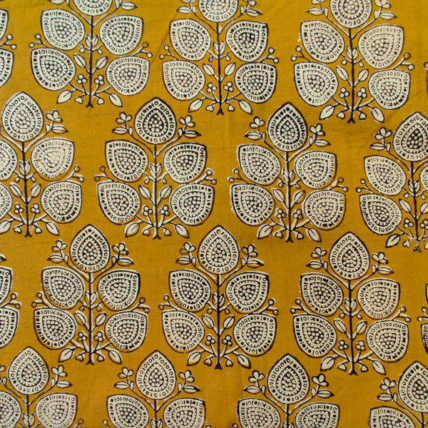 Pure Cotton Bagru Mustard With Twig Of Leaves Hand Block Print Fabric
