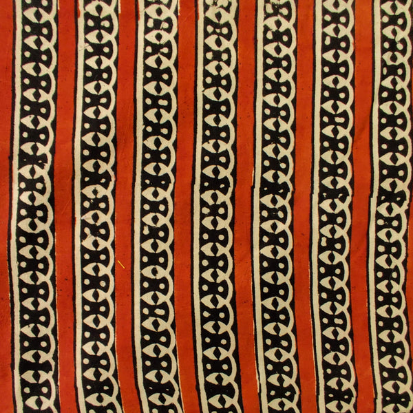 Pure Cotton Bagru Rust With Curly Intricate Stripes Hand Block Print Fabric