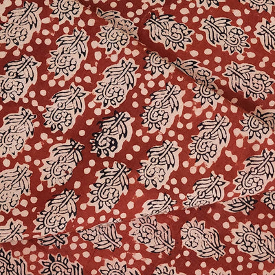 Pure Cotton Bagru Rust With Plant And Polka Hand Block Print Fabric