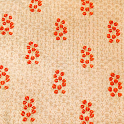 Pre- cut (2meter) Pure Cotton Beige Self Design Screen Print With Red Orange Flower Plant