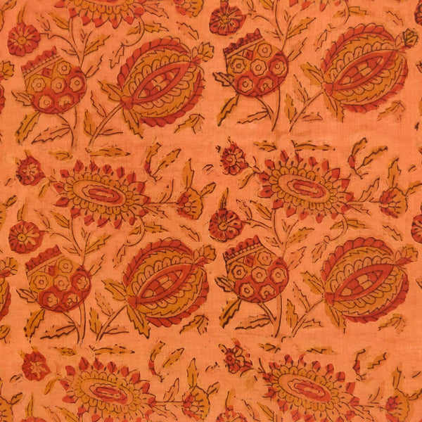 Pre-cut Pure Cotton Bhuj Teen Kaam Ajrak Rust Orange With Poppy Jaal Hand Block Print Fabric( 2 meter)