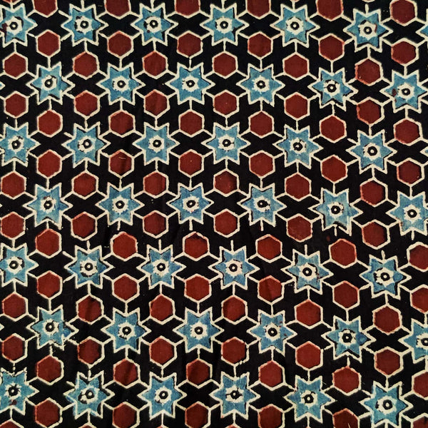 Pre-cut 1.80 meter Pure Cotton Black Ajrak With Red Blue Hexa Star Tile Hand Block Print Fabric