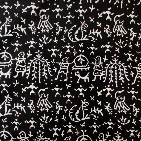 Pre-cut 2 meter Pure Cotton Black And White Happy Village Hand Block Print Fabric