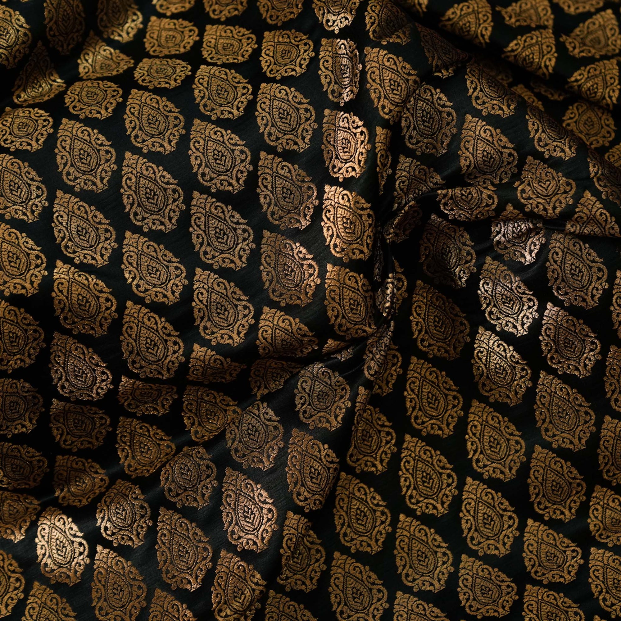 Pure Cotton Black Banarasi Brocade With Gold Motifs Woven Fabric