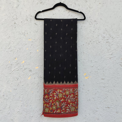 Pure Cotton Black Ikkat With Red Kalamkari Border Hand Block Print Fabric