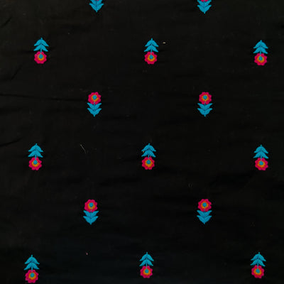 Pure Cotton Black With Blue Magenta Single Flower Plant Embroiedered Fabric