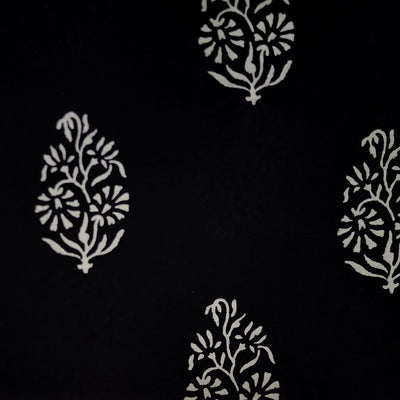 Pre Cut 2.20 meter  Pure Cotton Black With Floral Mughal Motifs Hand Block Print Fabric