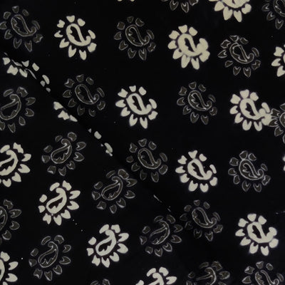 Pure Cotton Black With Grey And White Kairi Motifs Hand Block Print Fabric