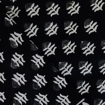 Pure Cotton Black With Grey And White Plant Hand Block Print Fabric