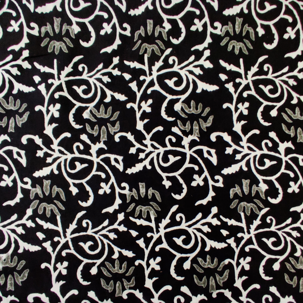 Pure Cotton Black With Grey Flower Jaal Hand Block Print Blouse Piece Fabric (0.95 Meter)