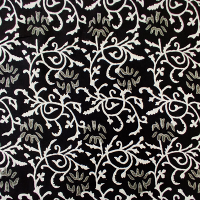 Precut 2.40 Meter Pure Cotton Black With Grey Flower Jaal Hand Block Print Fabric