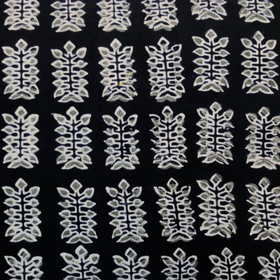 Pure Cotton Black With Grey White All Leaves Plant Hand Block Print Fabric