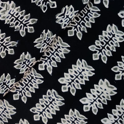 Pure Cotton Black With Grey White All Leaves Plant Hand Block Print Fabric