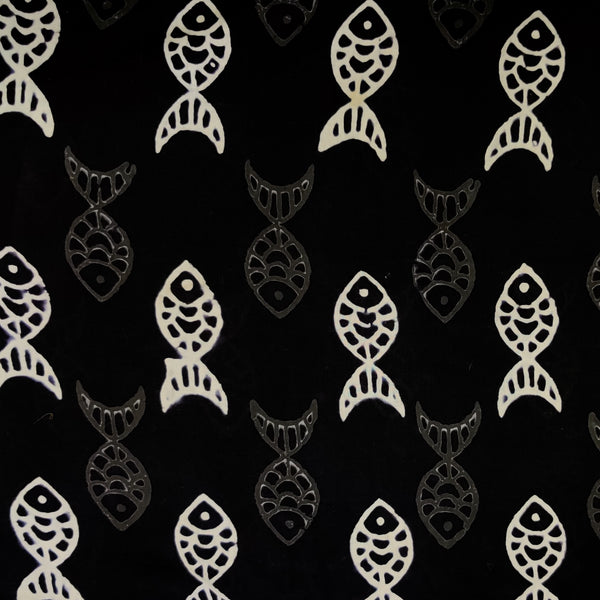 Pure Cotton Black With White And Grey Fish Hand Block Print Fabric