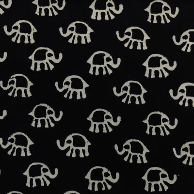 Pure Cotton Black With White Baby Elephant Hand Block Print Fabric