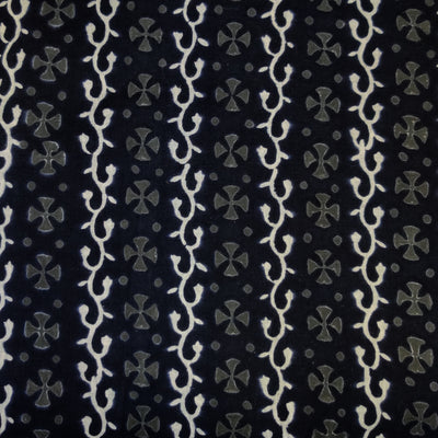 Pure Cotton Black With White Creeper And Grey Flowers Hand Block Print Fabric